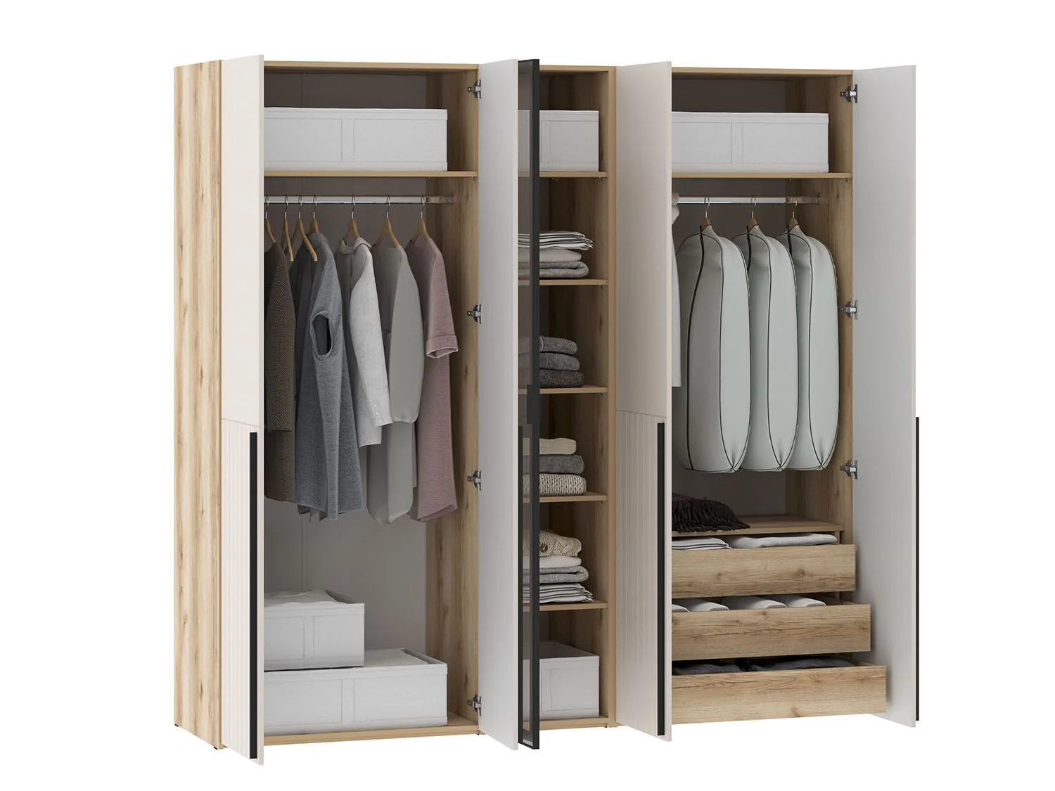 Шкафы Арден 200.04-200.02 витрина-полки-200.04-ящики Дуб Делано / Сантьяго софт