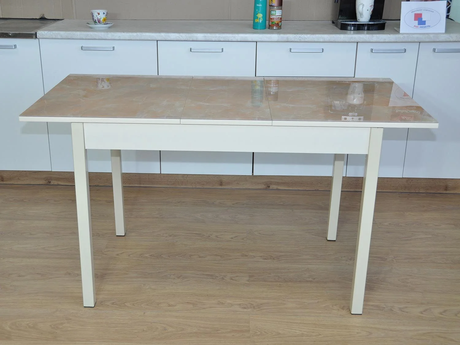 Альфа фотопечать стол обеденный раздвижной / мрамор бежевый/дуб молочный/бежевый