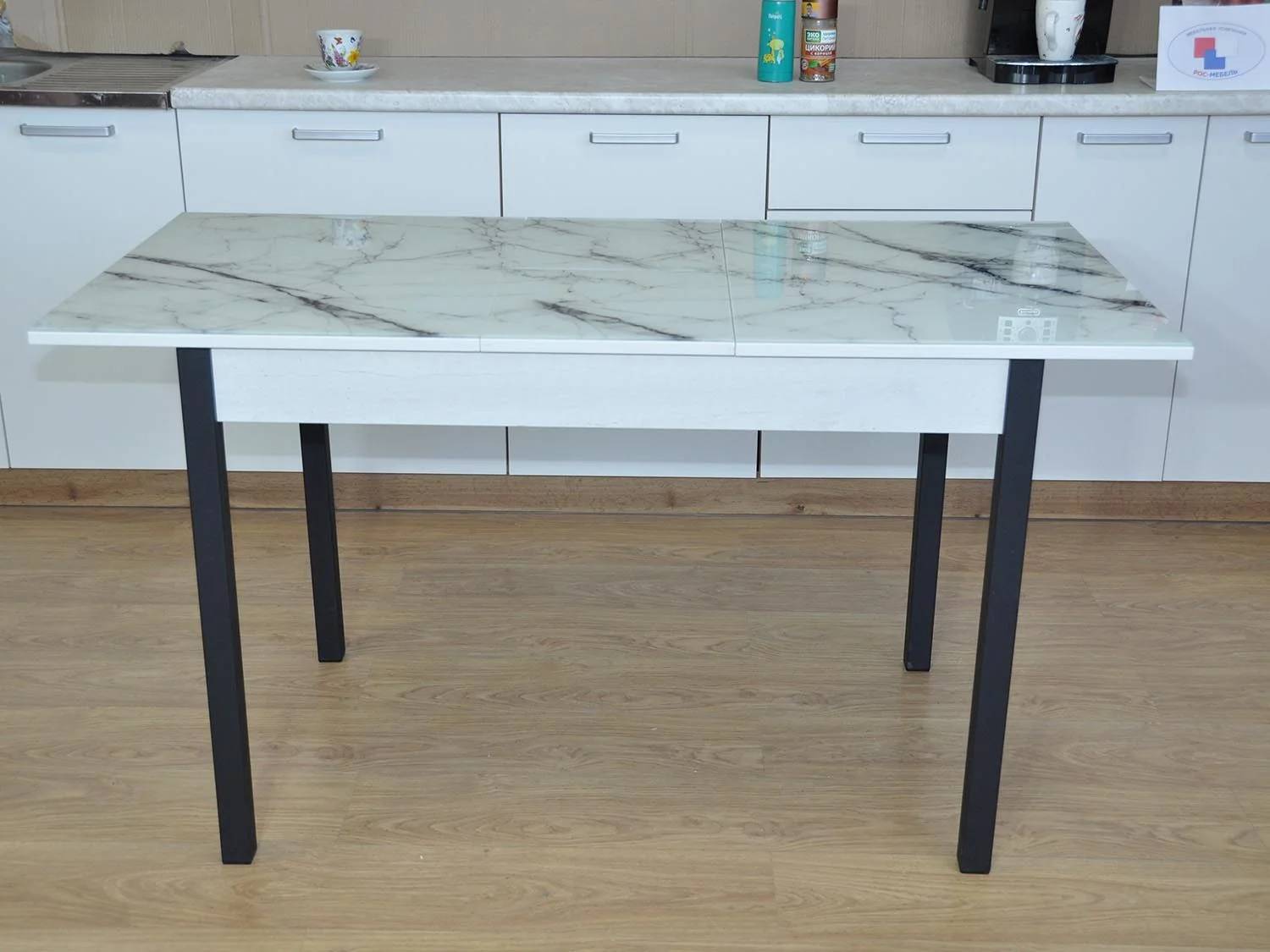 Альфа фотопечать стол обеденный раздвижной / белый мрамор/бетон белый/черный