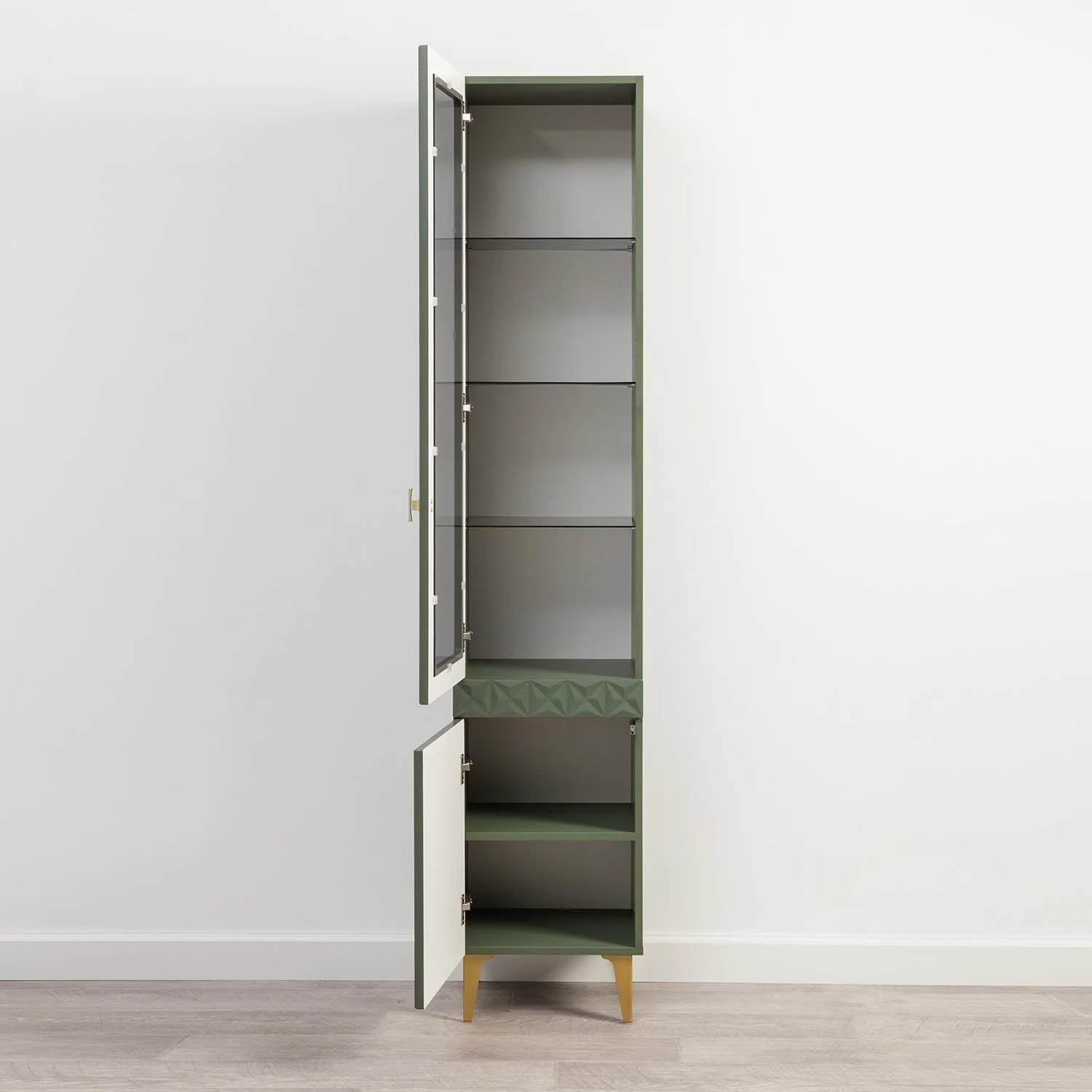 Марион шкаф-витрина 16.397.01 Дымчатый зеленый / Олива шагрень