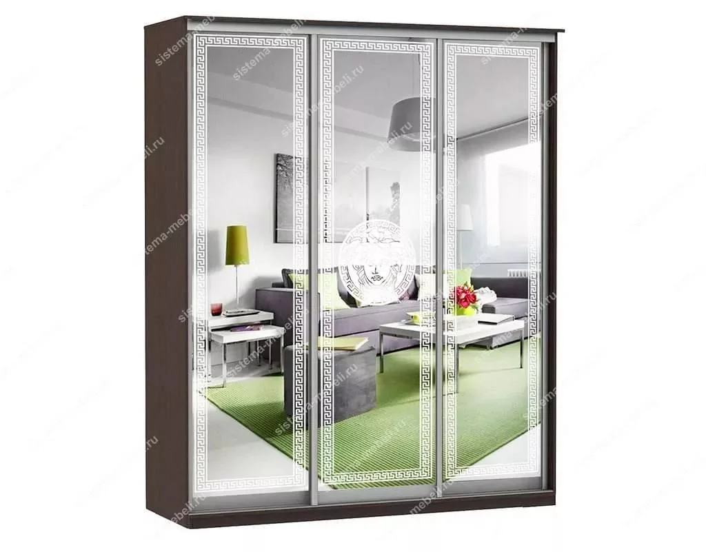 Шкаф купе Модерн 1776х450 3-х дверный 3-х секционный зеркальный с пескоструем №1 венге