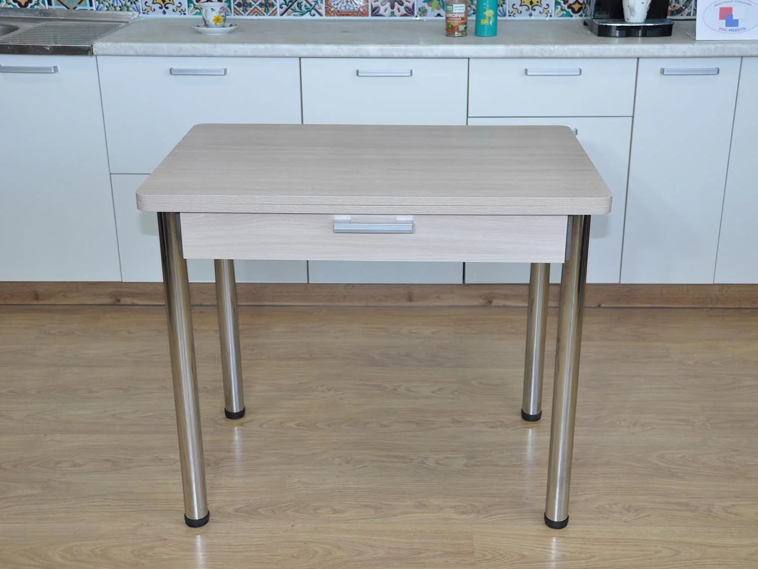 Симпл стол обеденный раскладной с ящиком / Ясень шимо светлый/хром