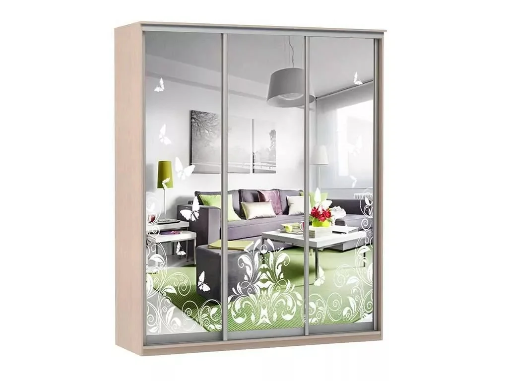 Шкаф купе Модерн 2076х600 3-х дверный 3-х секционный зеркальный с пескоструем №4 ясень