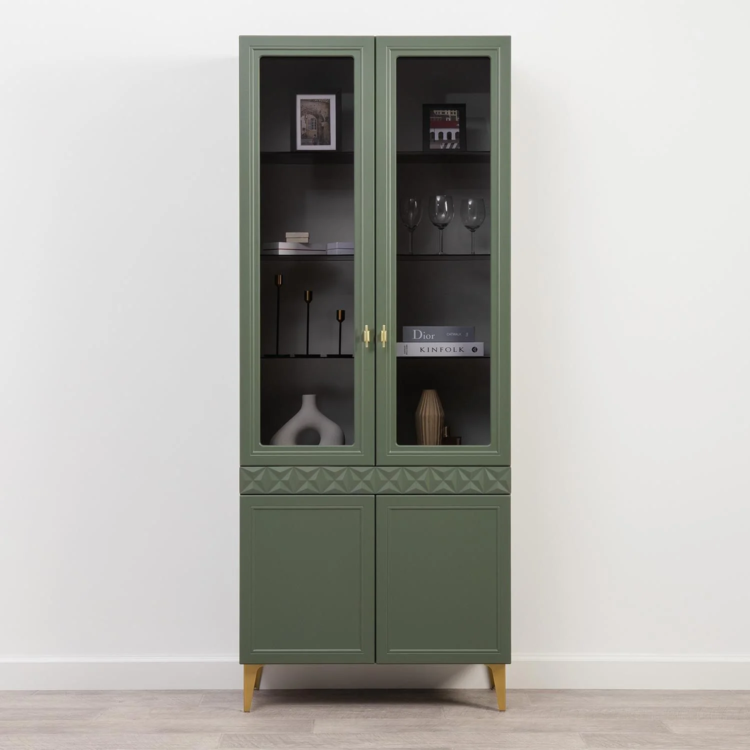 Марион шкаф-витрина 16.397.02 Дымчатый зеленый / Олива шагрень