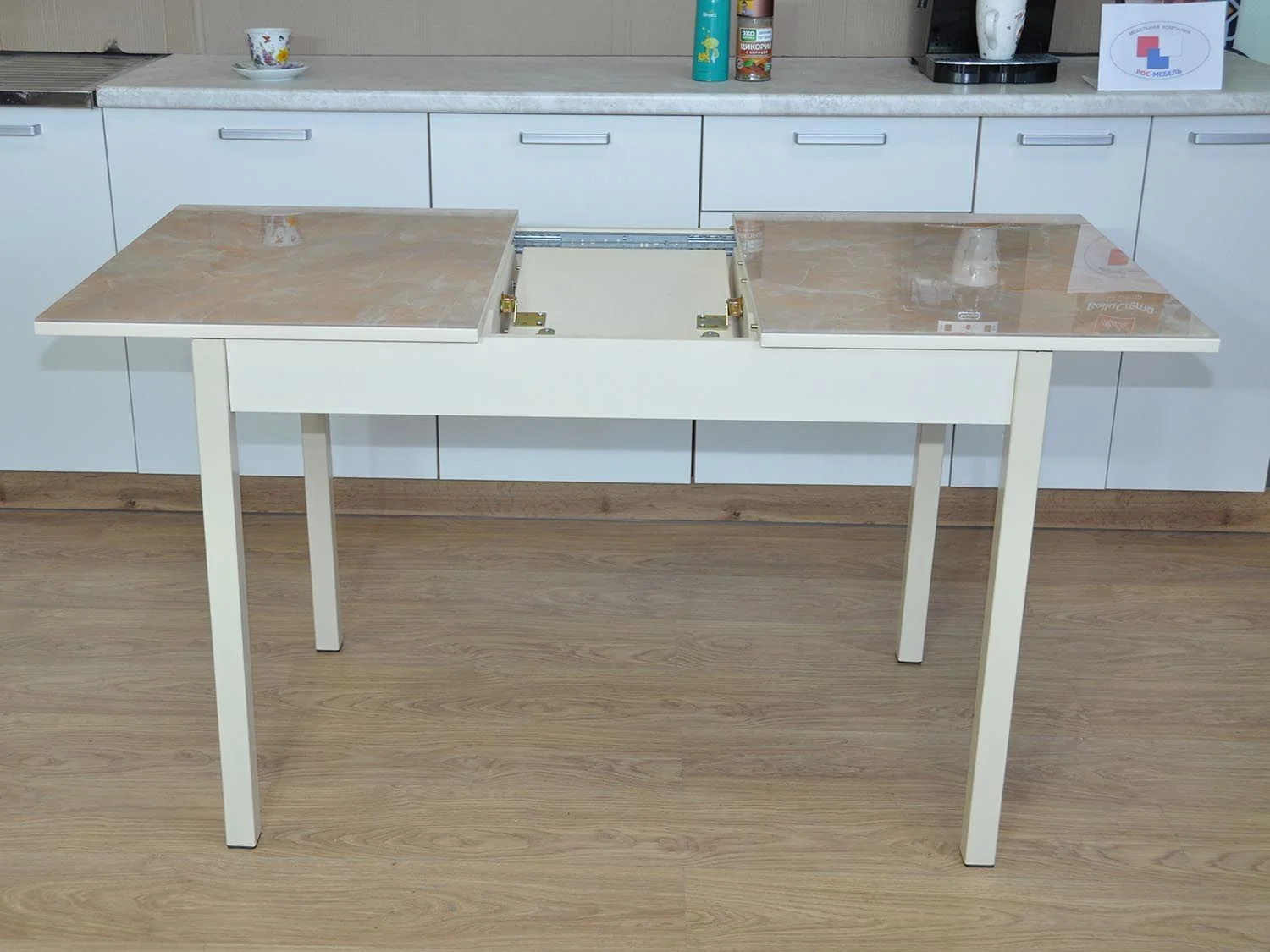 Альфа фотопечать стол обеденный раздвижной / мрамор бежевый/дуб молочный/бежевый