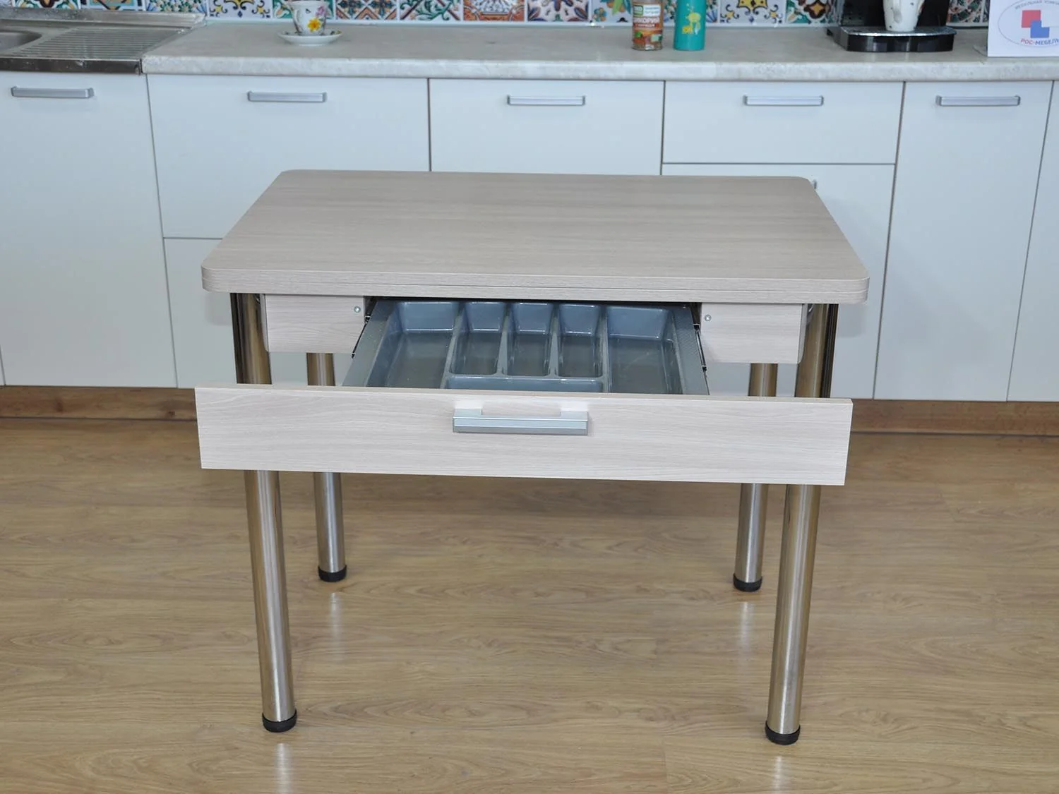 Симпл стол обеденный раскладной с ящиком / Ясень шимо светлый/хром