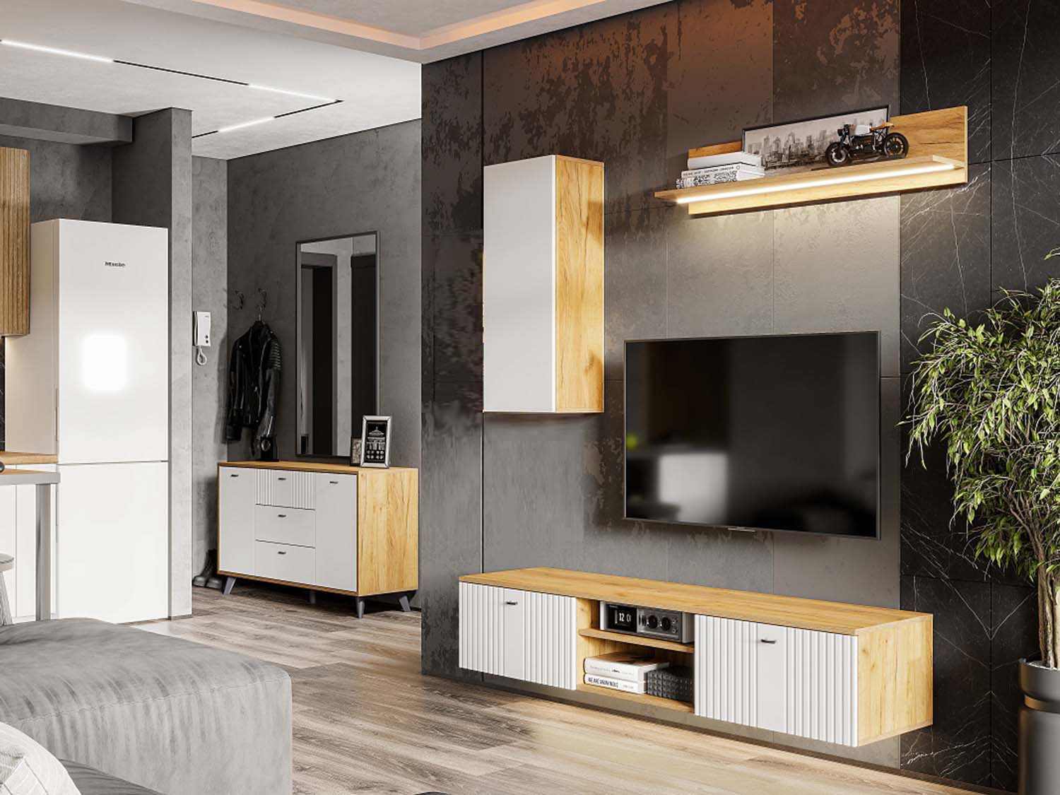 Гостиная Милан 1 - Дуб Крафт золотой/Белый