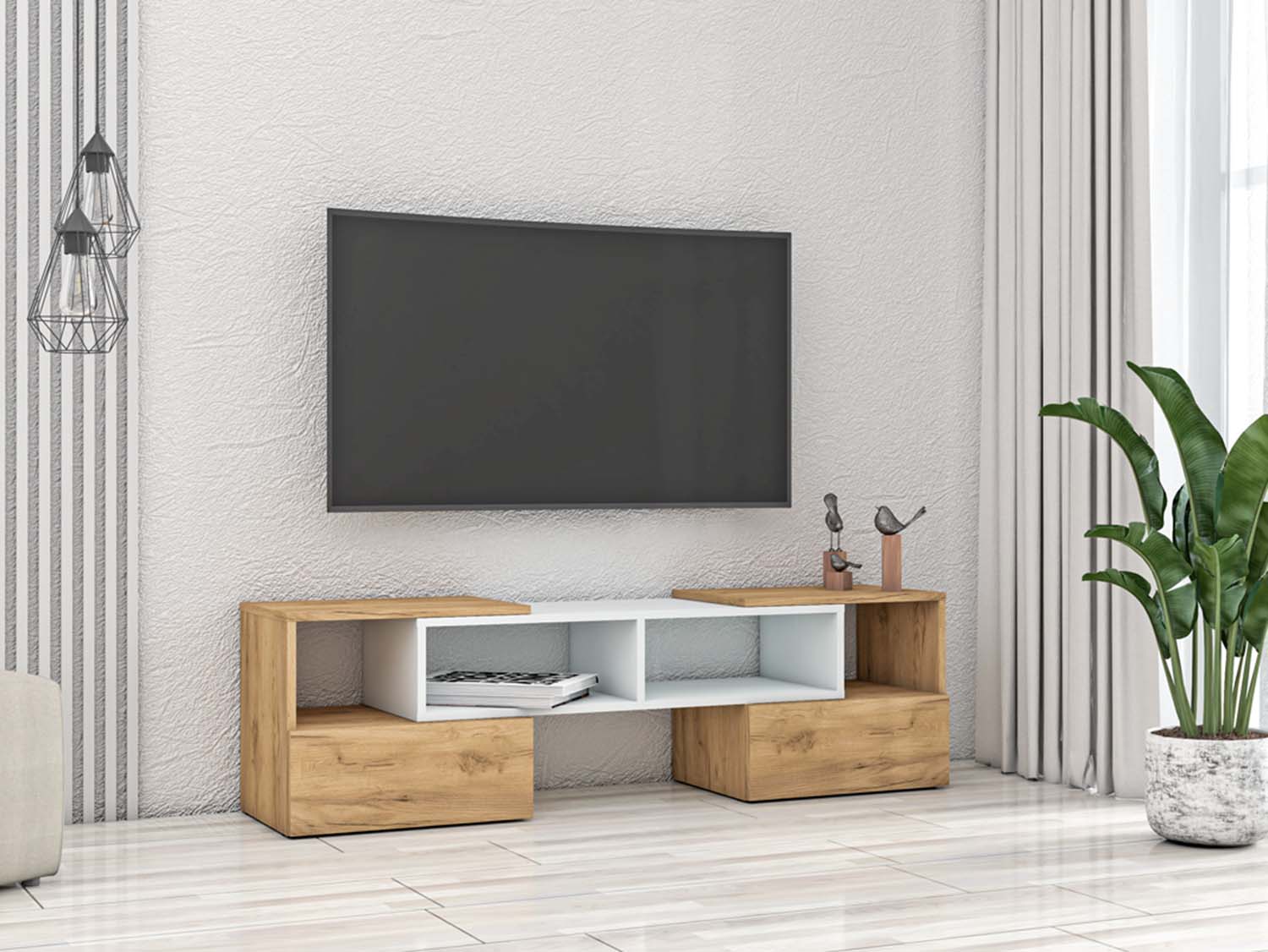 ТВ тумба раздвижная - Белый/Дуб Крафт золотой