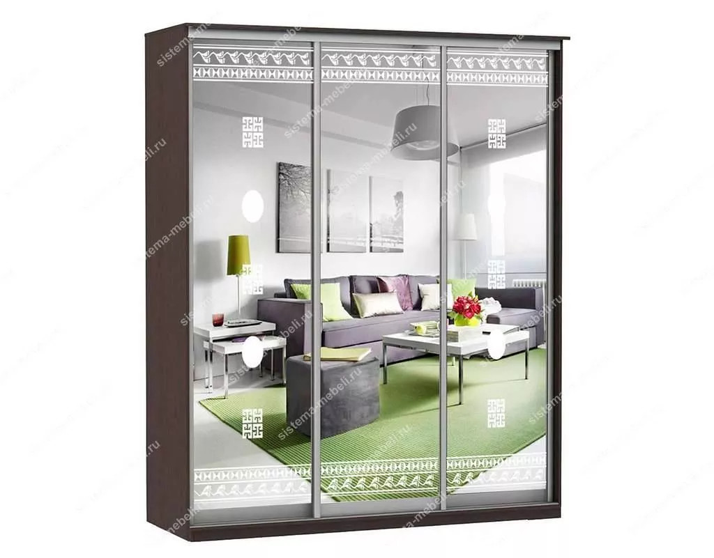 Шкаф купе Модерн 1776х600 3-х дверный 3-х секционный зеркальный с пескоструем №2 венге