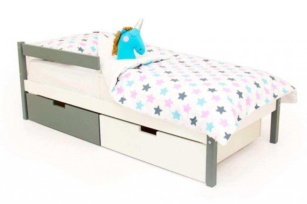 Детская кровать Бельмарко Svogen classic графит-белый с бортиком и ящиками