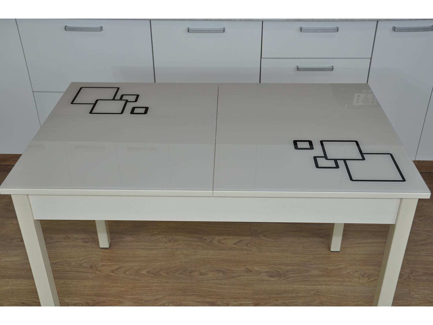 Альфа фотопечать стол обеденный раздвижной / квадраты на бежевом/дуб молочный/бежевый