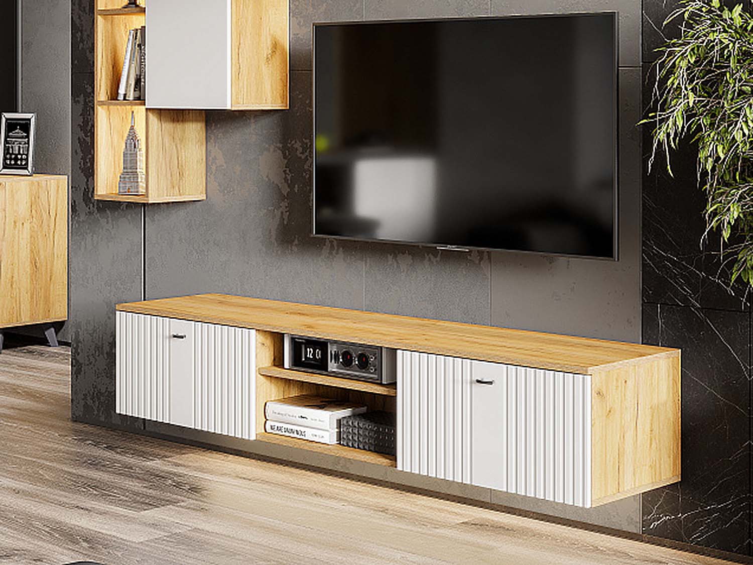 Милан тумба для тв аппаратуры со створками и нишей - Дуб Крафт золотой/Белый