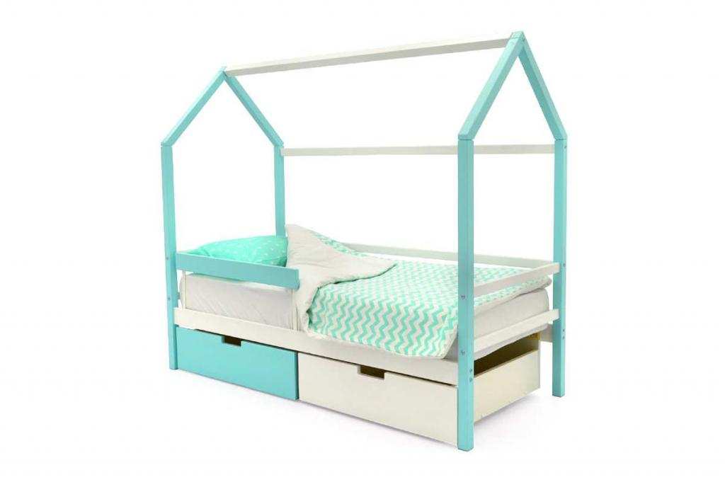 Детская кровать-домик Бельмарко Svogen мятно-белый с ящиками и бортиком