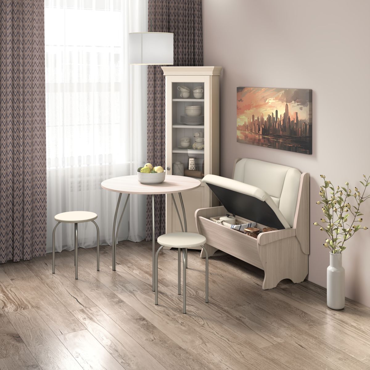 Кухонный набор Лотос скамья 950 - стол - табурет / ясень светлый/крем