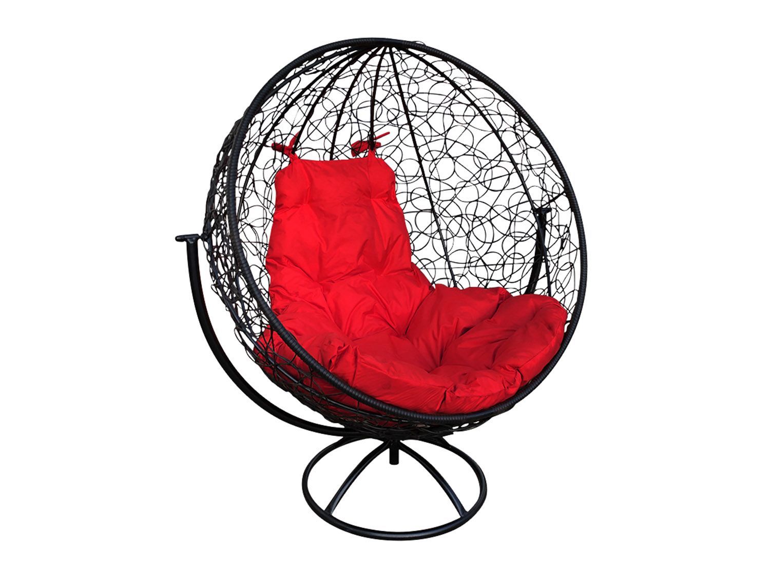 Вращающееся кресло КРУГ с ротангом черное красная подушка