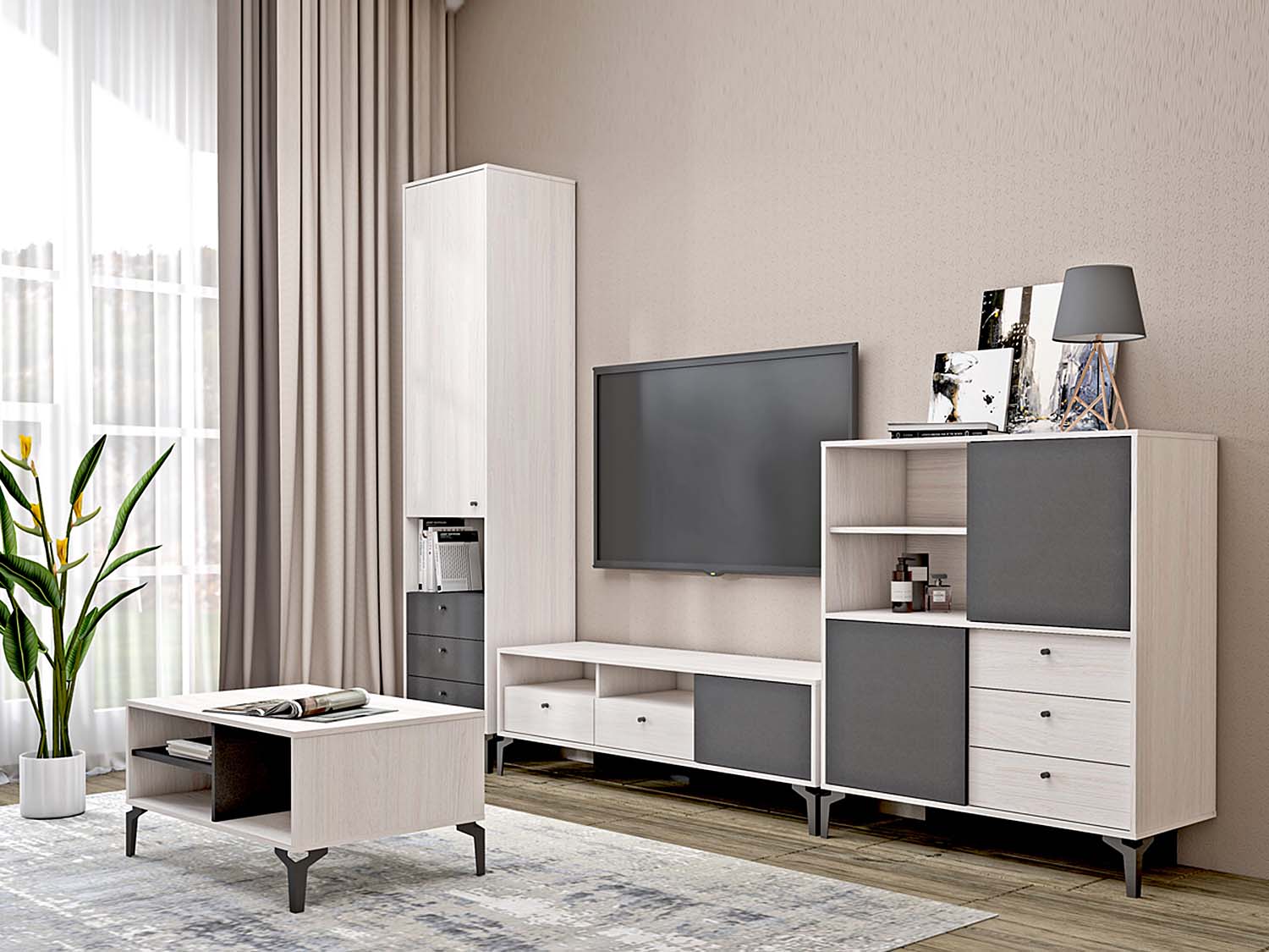 Гостиная Лион 4 - Ясень Анкор светлый/Графит