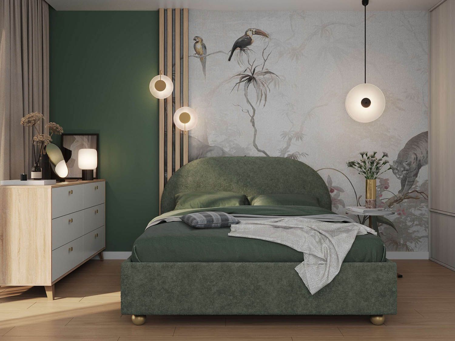 Кровать Афродита 1400 велюр Панда олива