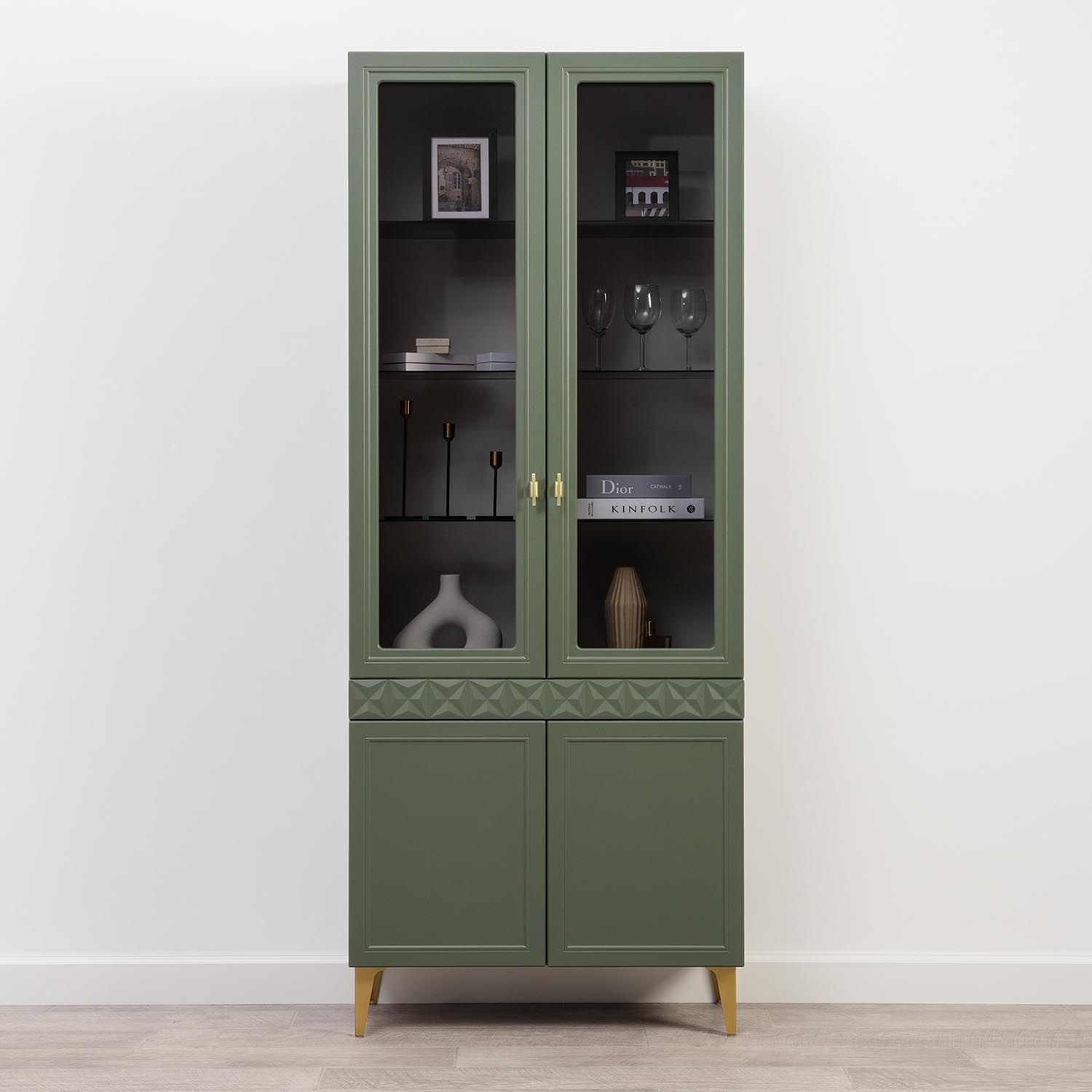 Марион шкаф-витрина 16.397.02 Дымчатый зеленый / Олива шагрень