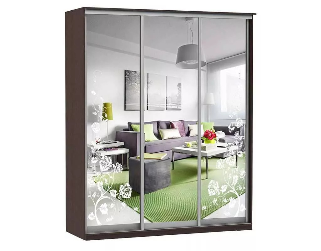 Шкаф купе Модерн 2076х450 3-х дверный 3-х секционный зеркальный с пескоструем №3 венге