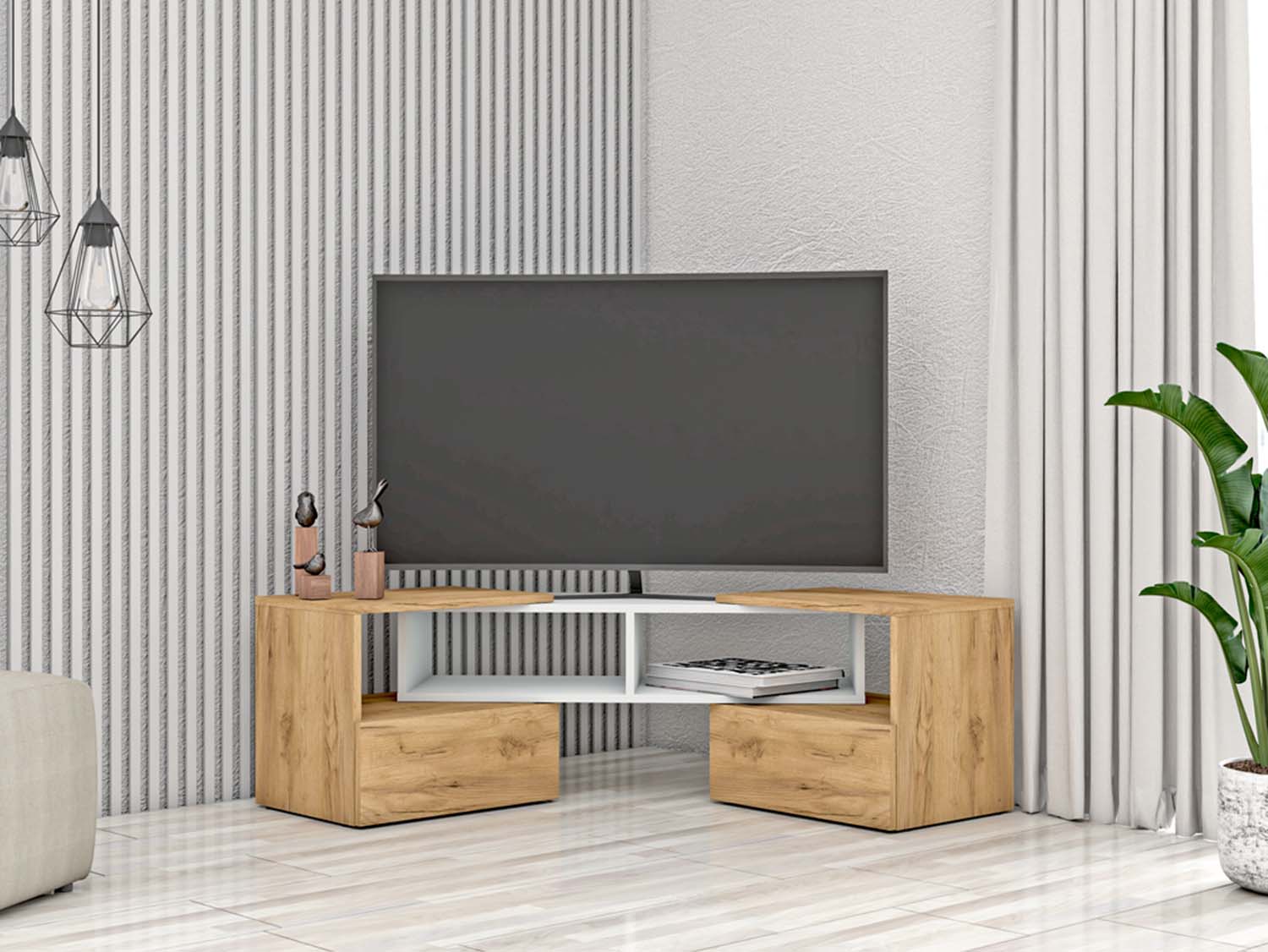 ТВ тумба раздвижная - Белый/Дуб Крафт золотой