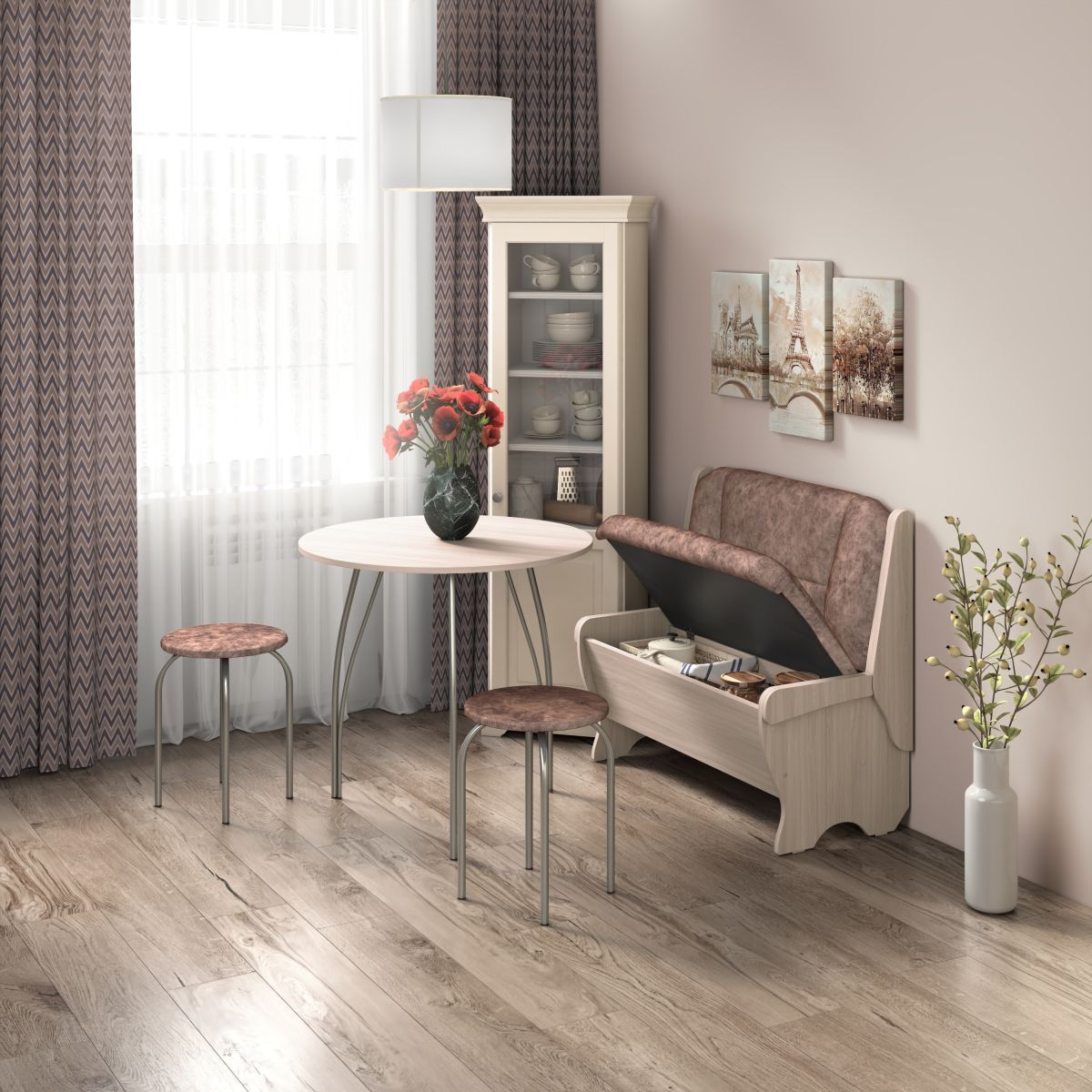 Кухонный набор Лотос скамья 950 - стол - табурет / ясень светлый/коньяк