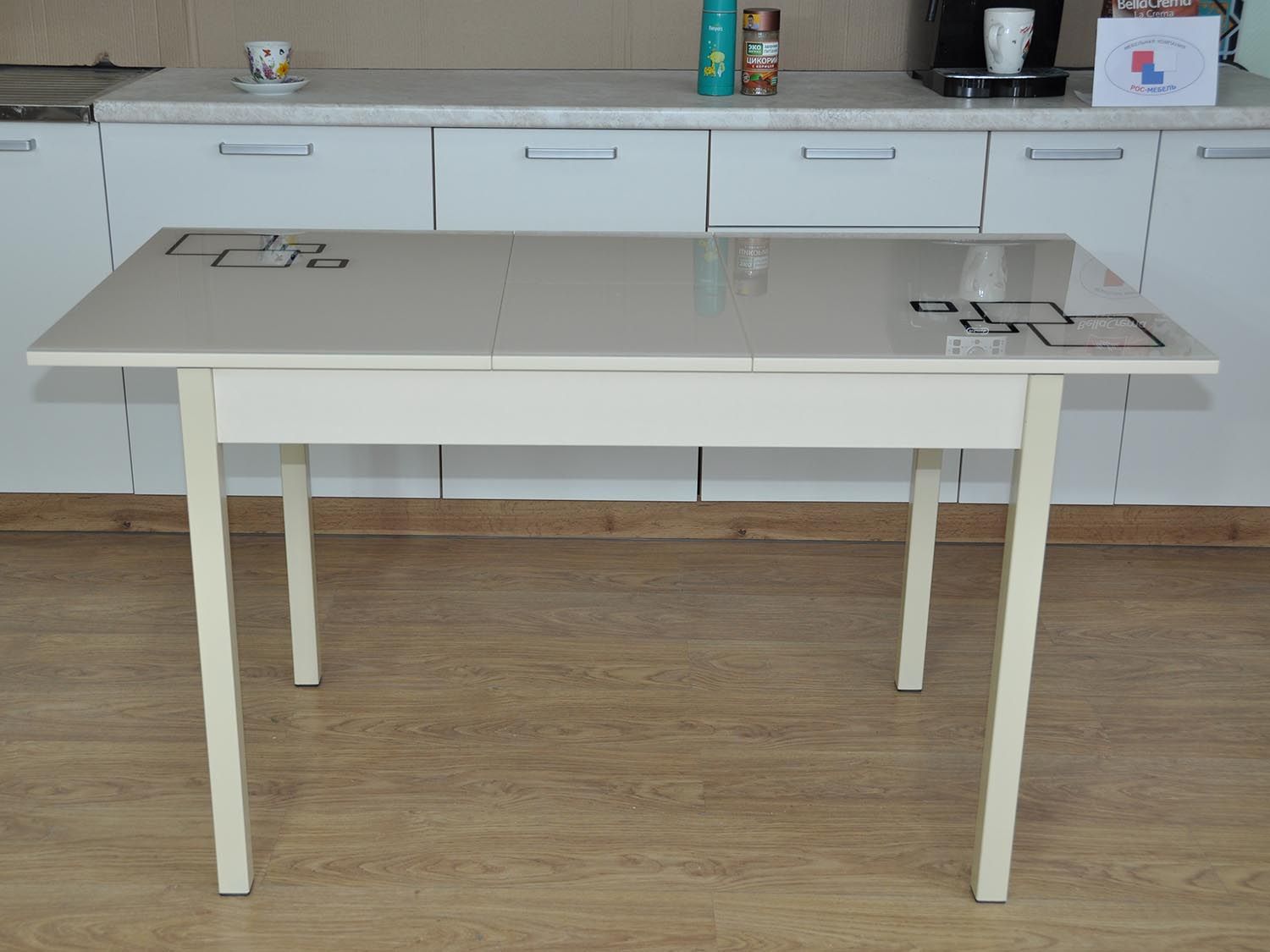 Альфа фотопечать стол обеденный раздвижной / квадраты на бежевом/дуб молочный/бежевый