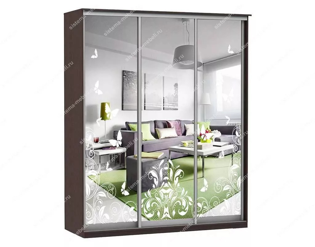 Шкаф купе Модерн 1776х600 3-х дверный 2-х секционный зеркальный с пескоструем №4 венге