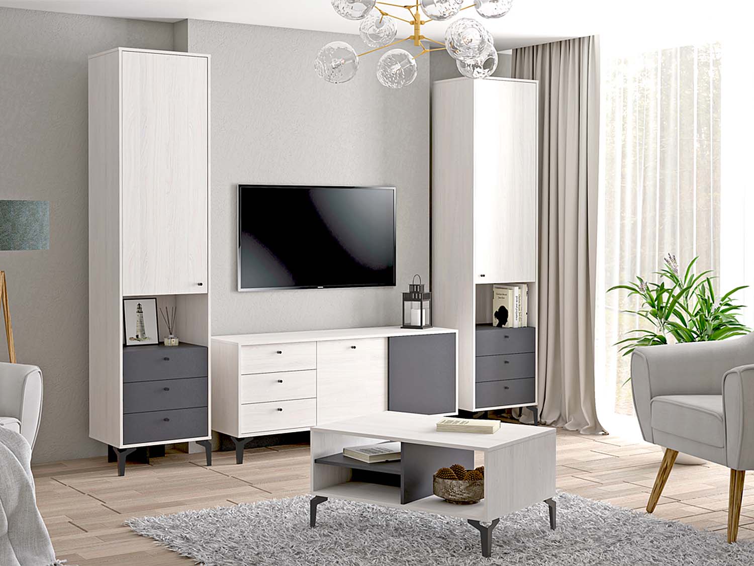 Гостиная Лион 1 - Ясень Анкор светлый/Графит