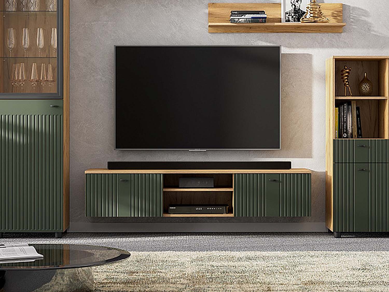 Милан тумба для тв аппаратуры со створками и нишей - Дуб Крафт золотой/Олива