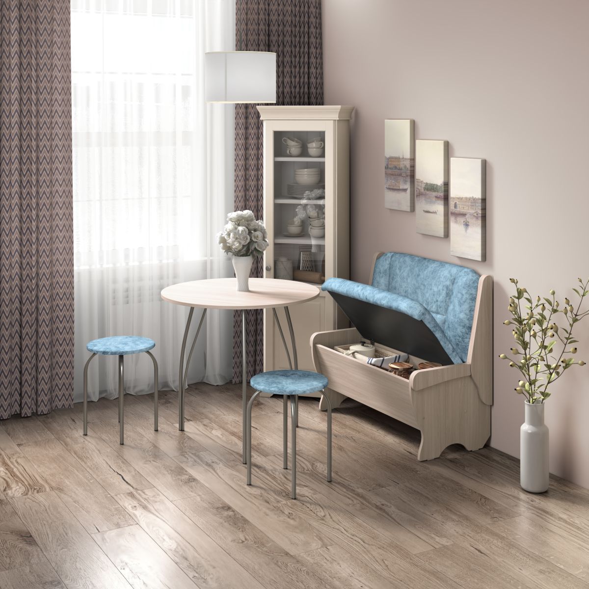 Кухонный набор Лотос скамья 950 - стол - табурет / ясень светлый/лагуна