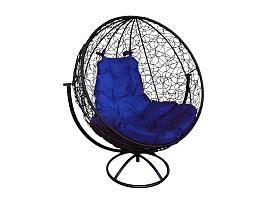 Вращающееся кресло КРУГ с ротангом черное синяя подушка