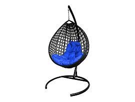 Подвесное кресло КАПЛЯ ЛЮКС с ротангом черное, синяя подушка