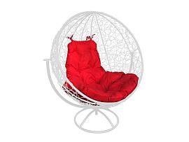 Вращающееся кресло КРУГ с ротангом белое красная подушка