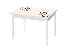 Альфа фотопечать стол обеденный раздвижной / квадраты на бежевом/дуб молочный/белый
