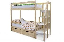 Детская двухярусная кровать Бельмарко Svogen натура (без покрытия) с бортиком и ящиками